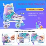 Patins Infantil Sereia Ajustável + Kit Proteção Rodas Em Led