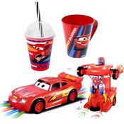 Kit Infantil Carrinho Robô + Xícara e Copo Carros Relâmpago Mcqueen