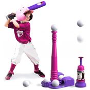 Kit Beisebol com Arremessador Automático e 6 Bolas para Crianças de 3 a 8 Anos, QDRAGON, Rosa