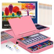 Kit Lápis de Cor Profissional com Maleta de Madeira 85 peças Tintas Acrílicas, Aquarela, COLOR MORE, Rosa