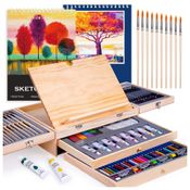 Kit Lápis de Cor Profissional Color More com Maleta de Madeira 85 peças Tintas Acrílicas, Aquarela, Marrom