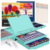 Kit Lápis de Cor Profissional Color More com Maleta de Madeira 85 peças Tintas Acrílicas, Aquarela, Azul