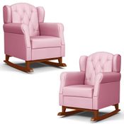Kit 02 Poltronas Amamentação Base Madeira Balanço Lucy P04 Sintético Rosa - Mpozenato