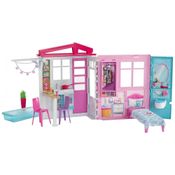 Casa de Bonecas Barbie Portátil com Alça de Transporte e Acessórios, Cozinha, Quarto, Banheiro e Piscina no Pátio