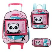 Kit Mochila Rodinhas Lancheira Estojo Xeryus Panda Rosa