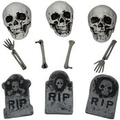 Enfeite Halloween Terror Kit com 3 Cranios 3 Lápides 4 Ossos de Esqueleto Realista Decoração Dia das Bruxas Casa e Quintal