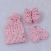 Kit Tricô Kids Gorro Luva e Sapato de Tricô Rosa Claro