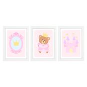 Trio De Quadros Branco Com Vidro Ursa Princesa