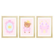 Trio De Quadros Pinus Com Vidro Ursa Princesa