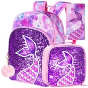 Mochila Escolar Infantil 40cm AGSDON Sereia 3 Peças com Lancheira, Rosa