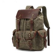 Mochila de Lona Encerada e Couro para Laptop, Lmagice, Verde Militar