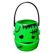 Porta Bala de Halloween Baldinho Frankstein Monstrinho Verde pra Doces Decoração Dia das Bruxas de Mesa