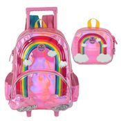 Kit Mochila De Rodinha E Alca Rainbow Pink Metal + Lancheira