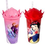 2 Copos Shake Tampa de Coroa Com Canudo Princesas Frozen E Branca De Neve Plasútil