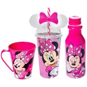 Coleção Minnie infantil com Copo Caneca e Garrafa Rosa Plasútil para Meninas