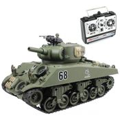 Tanque Sherman M4A3 para Adultos com Controle Remoto 2.4Ghz, 15 Funções e Disparo de Airsoft, Verde