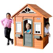 Casinha Infantil de Madeira para rea Externa com Porta Funcional, Design de Conceito Aberto e Suportes para Vasos de Flores, Sportspower WP612, Marrom