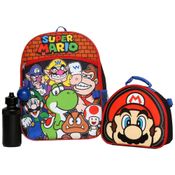 Mochila Escolar Infantil 40cm Nintendo Super Mario Bros 4 Peças com Lancheira para Crianças, Vermelha