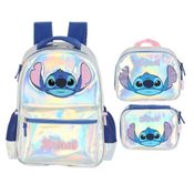 Kit Mochila De Costas Stitch Holografica +Lancheira +Estojo Cor:prata