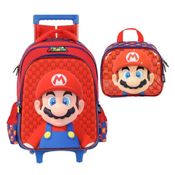 Kit Mochila De Rodinha E Alca Mario Face Azul +Lancheira