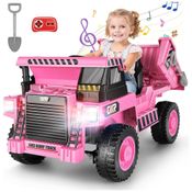 Caminhão Basculante Infantil com Controle Remoto, Caçamba Elétrica, Pá, Luz LED e Música via Bluetooth, 12V, Hikole, Rosa