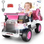 Caminhão Basculante Infantil com Controle Remoto, Caçamba Elétrica, Pá, Luz LED e Música via Bluetooth, 12V, Hikole, Branco e Rosa