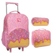 Kit Mochila Escolar Infantil de Rodinhas com Lancheira e Estojo Yins em Poliester Candy Rosa