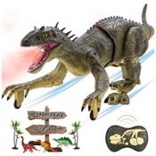 Dinossauro T-Rex Anda e Ruge com Controle Remoto, Luzes LED e Recarregável para Crianças de 3 a 7 Anos, MAMABOO, Verde