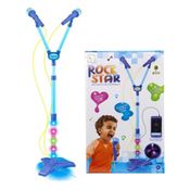 MICROFONE INFANTIL DUPLO PEDESTAL KARAOKE ROCK STAR COM AMPLIFICADOR LUZ AZUL CONECTA CELULAR MP3