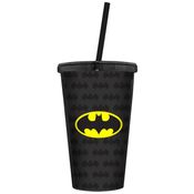 Copo Plastico Tampa Canudo Batman Logo DC Comics Bebida Geek