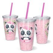 Copo Canudo 600ml - Eu amo Pandas (Rosa)