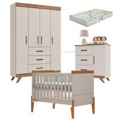 Quarto De Bebê Retro Maya E Berço Americano Emilly Off White Carvalho Com Colchão Gazin - Canaã