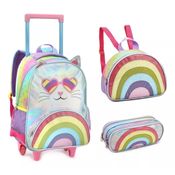 Kit Mochila Estojo E Lancheira Gatinho Arco Iris Rosa Denlex