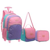 Kit Mochila Juvenil Estojo e Lancheira Rosa e Lilás - Yepp