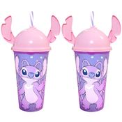 2 Copos Angel Stitch Rosa Infantil com Orelhas e canudo 500ml Original Plasútil