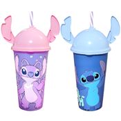 2 Copos Stitch e a Namorada Angel Rosa Infantil Orelhas 500ml Original Plasútil