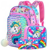 Mochila Escolar Infantil 40cm AGSDON Unicórnio 3 Peças com Lancheira, Rosa