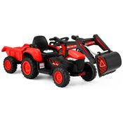 Trator Escavadeira Elétrica Infantil a Bateria 12V com Buzina, Luzes, Músicas e Controle Remoto, MELLCOM, Vermelho