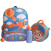 Mochila Escolar Infantil Blippi com Lancheira, Garrafa de Água e Chaveiro Divertido, Azul e Laranja