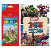Kit Livro de Colorir Infantil 365 Desenhos para Marvel Mais Lápis De Cor 12 Cores