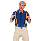 Fantasia Adulta Masculina Kit Completo Blippi Com Boina Suspensório Gravata e Óculos -