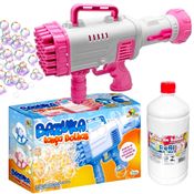 Lançador Bolhas de Sabão Automático Infantil Rosa + Refil 1L