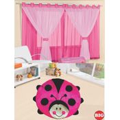 Kit decoração p/ Quarto de Menina = Cortina Malha Juvenil + Tapete Pelucia Big Urso Joaninha - Pink