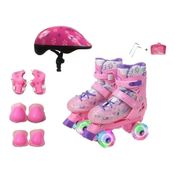 Patins Quad Rosa Regulável  33-36 Com Rodas Em LED + Capacete + cotoveleira + joelheira. Kit proteção