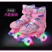 Patins Quad Rosa Regulável  33-36 Rodinhas Led + Kit