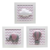 Trio De Quadros Elefante Balão Rosa