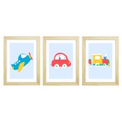 Trio De Quadros Pinus Com Vidro Meio de Transportes Colorido