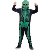 Fantasia Caveira Halloween Infantil Esqueleto Verde Glow Brilha no Escuro Com Máscara