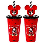 2 Copos Minnie Vermelho Canudo Decorado Rosa 500ml Plasútil