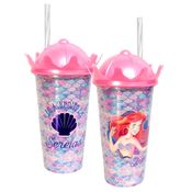 Copo Shake Infantil Pequena Sereia para Meninas com Canudo e Coroa 500ml
